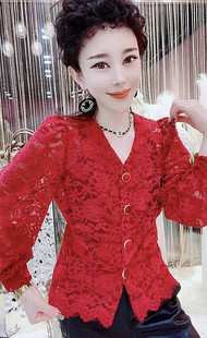 蕾丝衫 衬衫 时尚 欧货新款 大码 气质磨毛蕾丝V领扣板长袖 小衫 潮 女装