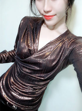 欧洲站亮面打底衫时尚长袖交叉