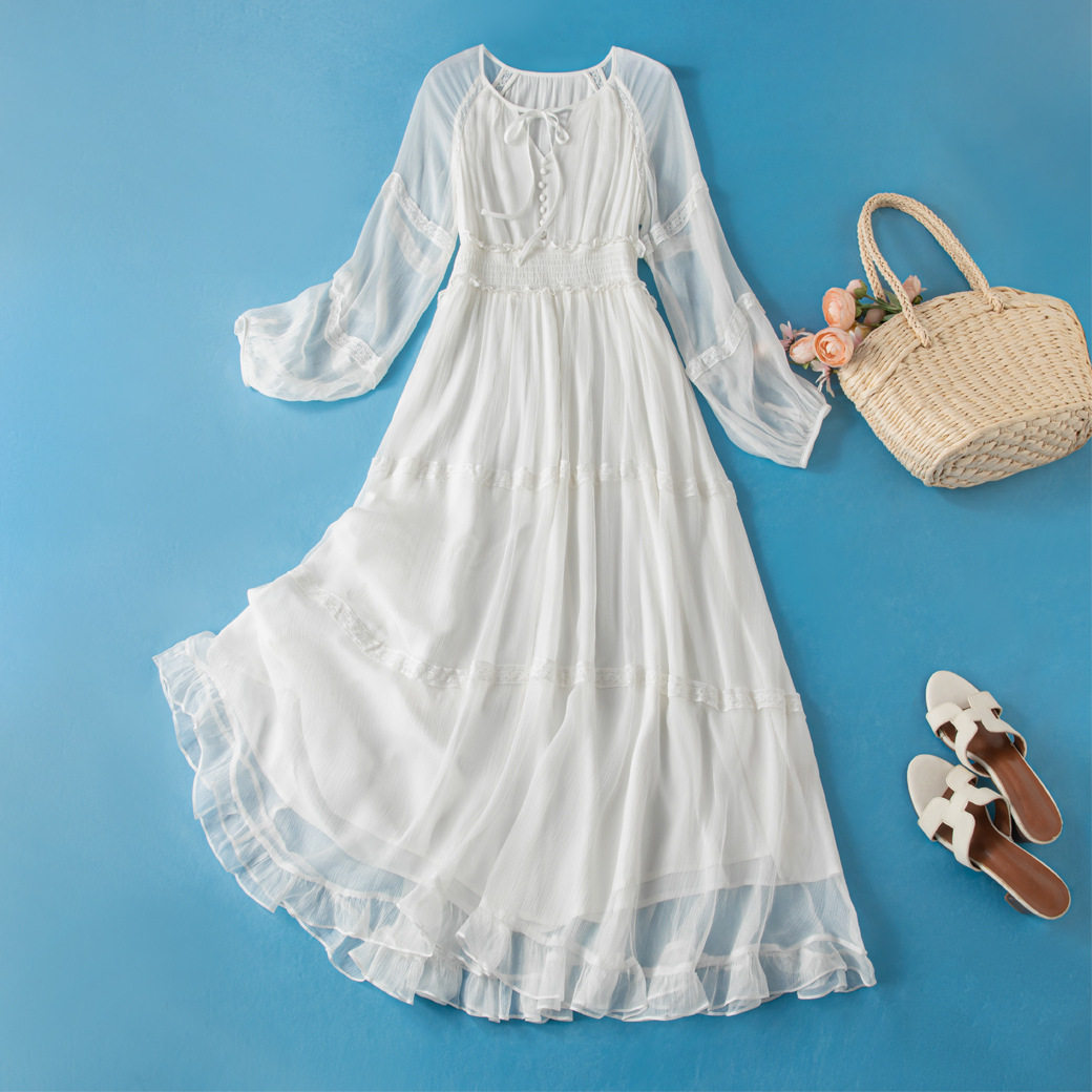 新款女装纯色桑蚕丝裙子简约时尚真丝连衣裙气质仙女裙