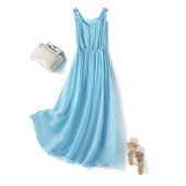 V领松紧腰纯白色真丝吊带长裙桑蚕丝连衣裙沙滩裙彩色