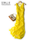 2020新款 宝蓝色真丝连衣裙女夏桑蚕丝沙滩长裙仙女裙气质飘逸度假