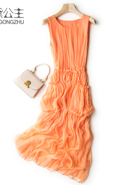 顺纡桑蚕丝橙色真丝连衣裙女2024新款夏宽松大牌气质显瘦A字长裙