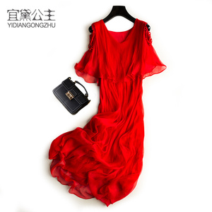 新款夏季修身显瘦纯色红色连衣裙