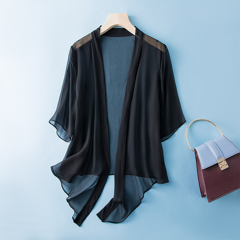 桑蚕丝系带宽松披肩韩版小坎肩 夏季新款 短外套真丝开衫上衣女