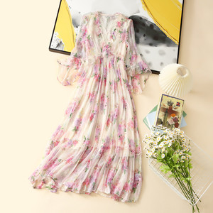 凉快浅色淡雅印花真丝连衣裙女2023年春季新款收腰显瘦桑蚕丝长裙