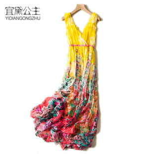 真丝长裙 印花波西米亚度假桑蚕丝连衣裙女装 宜黛公主2024夏季 新款