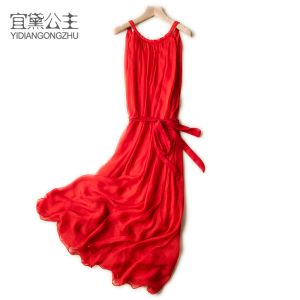 特价清仓 女装夏中腰修身无袖波西米亚纯色桑蚕丝真丝连衣裙长裙