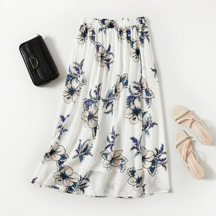 真丝双绉半身裙女高腰宽松百搭中长裙桑蚕丝大摆伞裙夏季印花裙