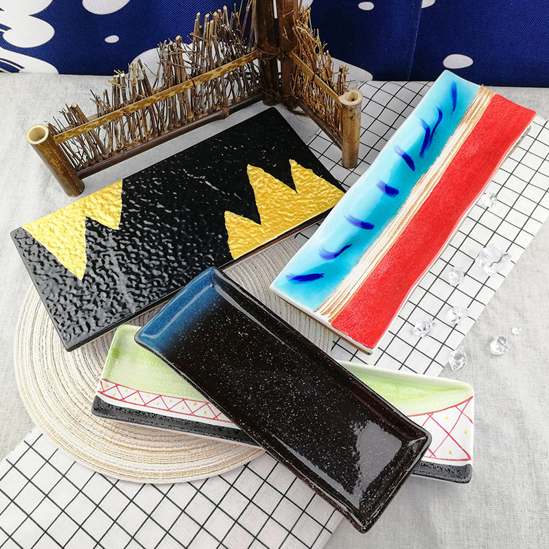 新中日式陶瓷长方形寿司盘商用黑色烤串长条盘子餐厅精致寿司碟子