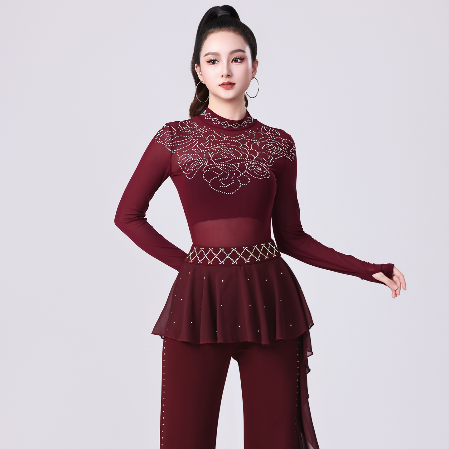 新款拉丁舞上衣女成人网纱烫钻高级感摩登舞气质舞蹈三步踩演出服