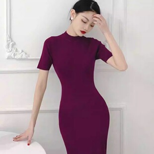 法式复古冰爽丝弹力针织连衣裙女秋季气质性感紧身显瘦包臀长裙子