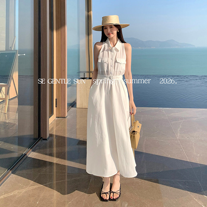 2026春季新款韩系气质淑女无袖衬衫连衣裙日常通勤高腰连衣长裙女