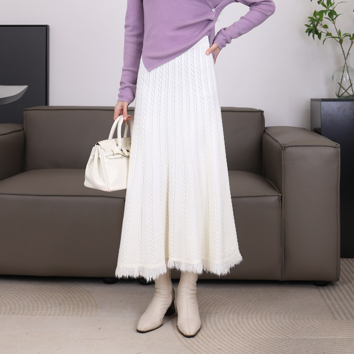 麻花流苏针织半身裙冬季2025新款松紧腰垂感a字裙配毛衣百褶裙子