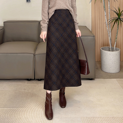 羊毛呢格子半身裙女冬季2025新款高腰显瘦A字裙中长款美拉德冬裙