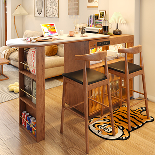 可伸缩吧台餐边柜实木北欧樱桃木小户型岩板高茶桌家用玄关隔断柜