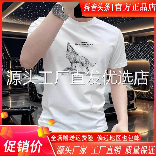 几禾轻奢个性潮爽滑凉感棉短袖t恤男复古美式印花衣服冰丝体恤衫