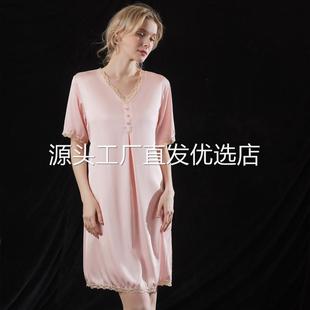 丝绸睡裙冰丝短袖 睡裙女夏2025年新款 连衣裙家居服性感蕾丝纽扣