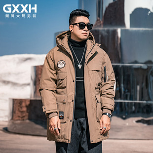 连帽工装 胖子羽绒服加肥加大号保暖中长款 外套冬 男装 GxxH潮牌大码