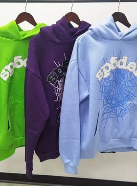 海外原版重磅420G加厚加绒连帽衫Sp5der蜘蛛网高街潮流情侣卫衣男