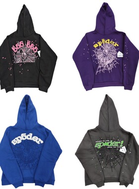 跨境欧美潮sp5der卫衣555555字母蜘蛛网重磅连帽衫男女款现货批发