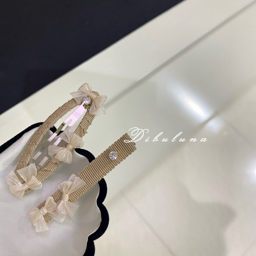 复古布艺花朵对夹女米色蝴蝶结发夹2个装日系甜美发饰