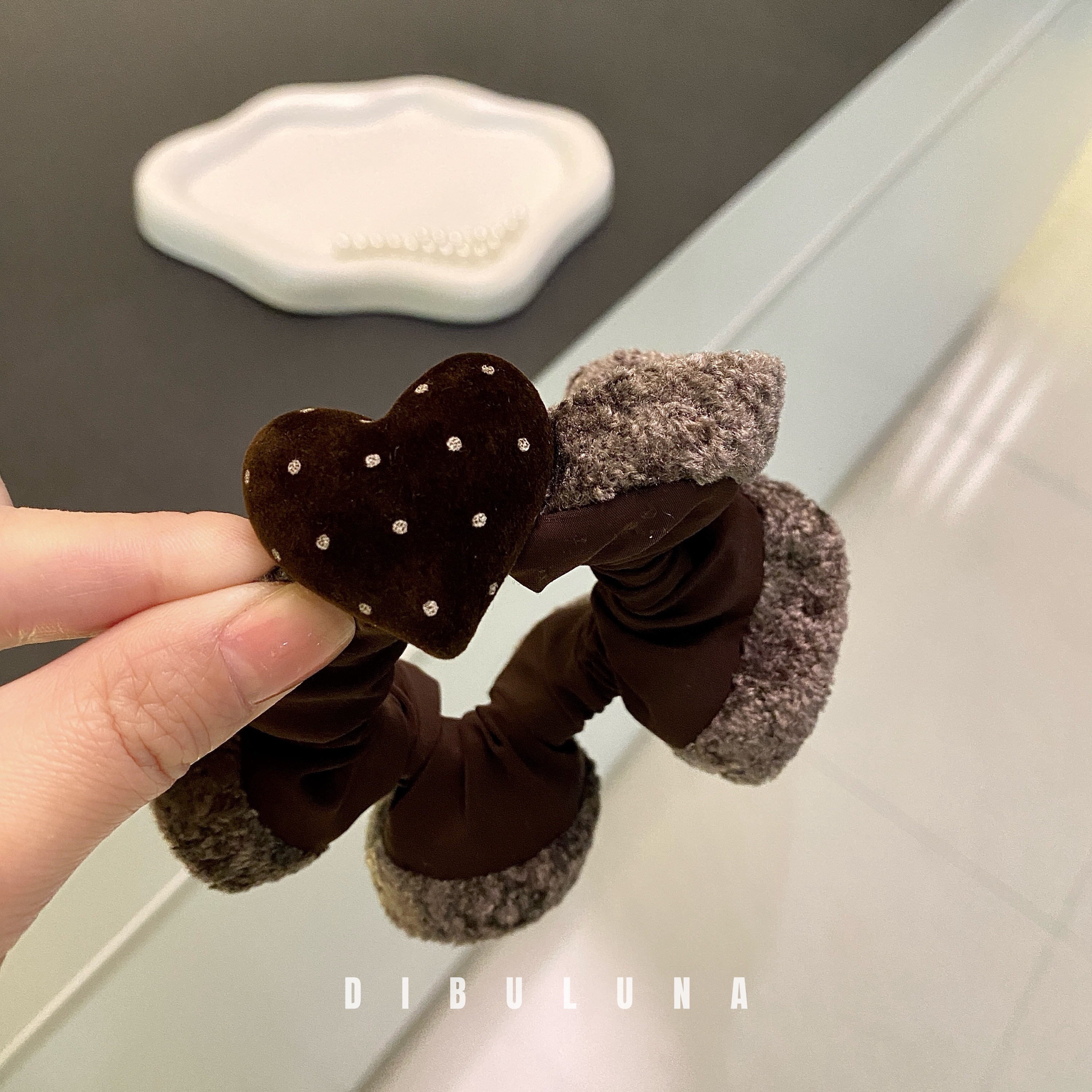 韩版波点爱心绒布发圈女咖色荷叶边牛奶丝面膜发绳可爱少女头饰