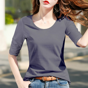 烟灰色中袖t恤女圆领修身纯棉2026春秋季新款五分袖打底衫上衣
