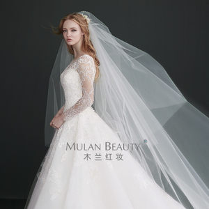 韩式林志玲简约双层可遮面白色硬纱新娘结婚头纱带插梳长拖尾素纱