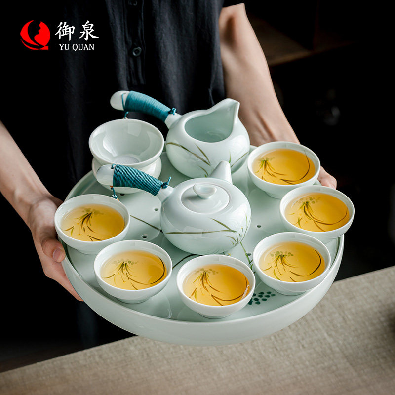 御泉筠雾青瓷功夫茶具套装家用轻奢高档侧把壶茶杯陶瓷茶盘整套