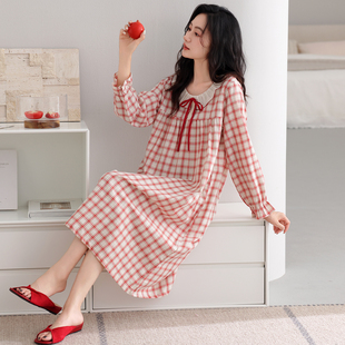 猫人带胸垫睡裙女春秋款梭织纯棉长袖睡衣裙薄款大码可外穿家居服