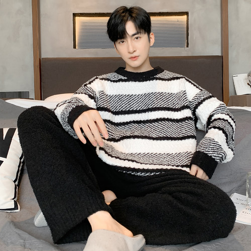 猫人男士半边绒睡衣秋冬季