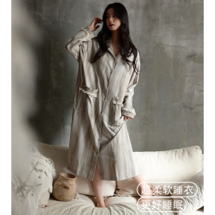 猫人纯棉睡裙女带胸垫睡衣春秋款长袖开衫宽松大码家居服可外穿秋