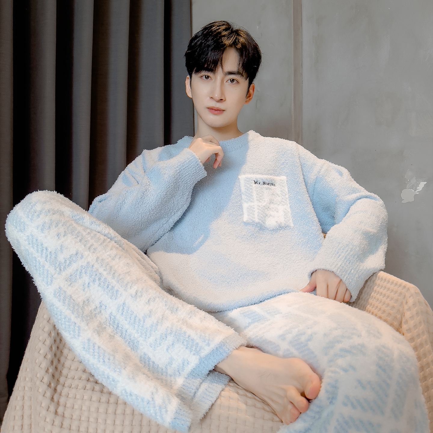 猫人半边绒睡衣男款秋冬季加厚加绒保暖宽松家居服可外穿2025新款