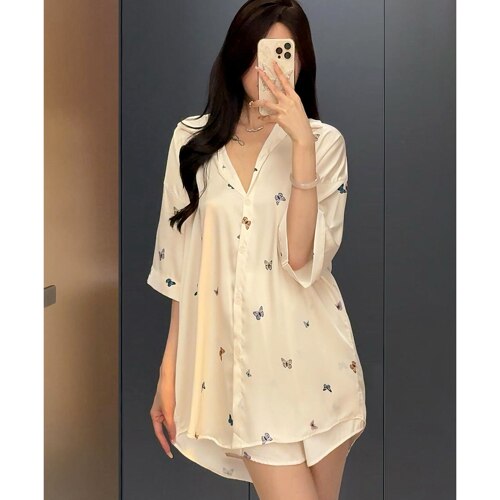 猫人夏季冰丝衬衫裙短裤睡衣女