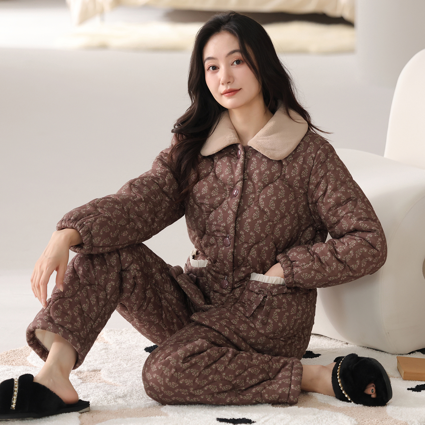 猫人秋冬款女士睡衣纯棉三层加厚夹棉袄保暖家居服冬天套装可外穿