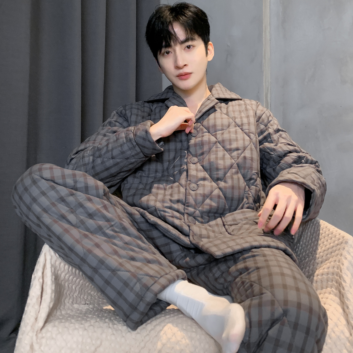 猫人睡衣男士秋冬款三层加厚纯棉夹棉全棉保暖家居服大码开衫套装