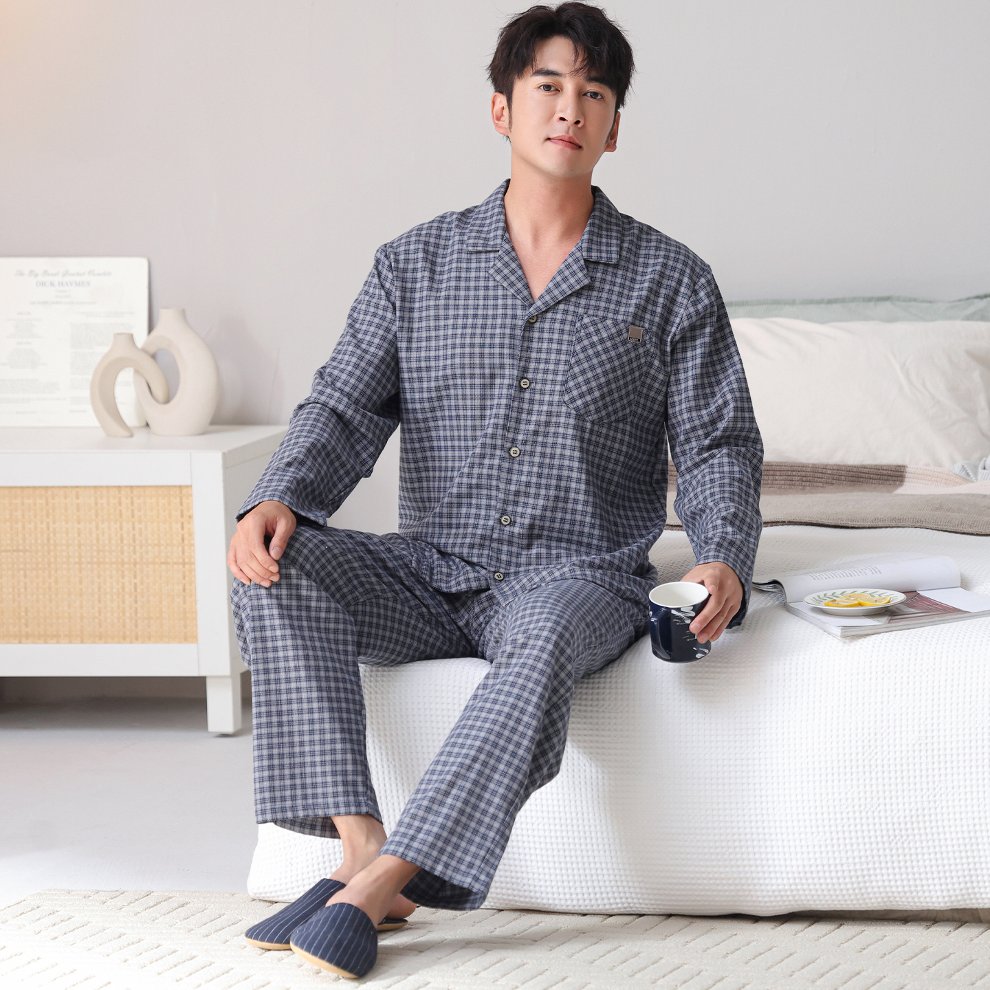 猫人春秋季男士睡衣2025新款梭织纯棉长袖大码开衫家居服套装男款