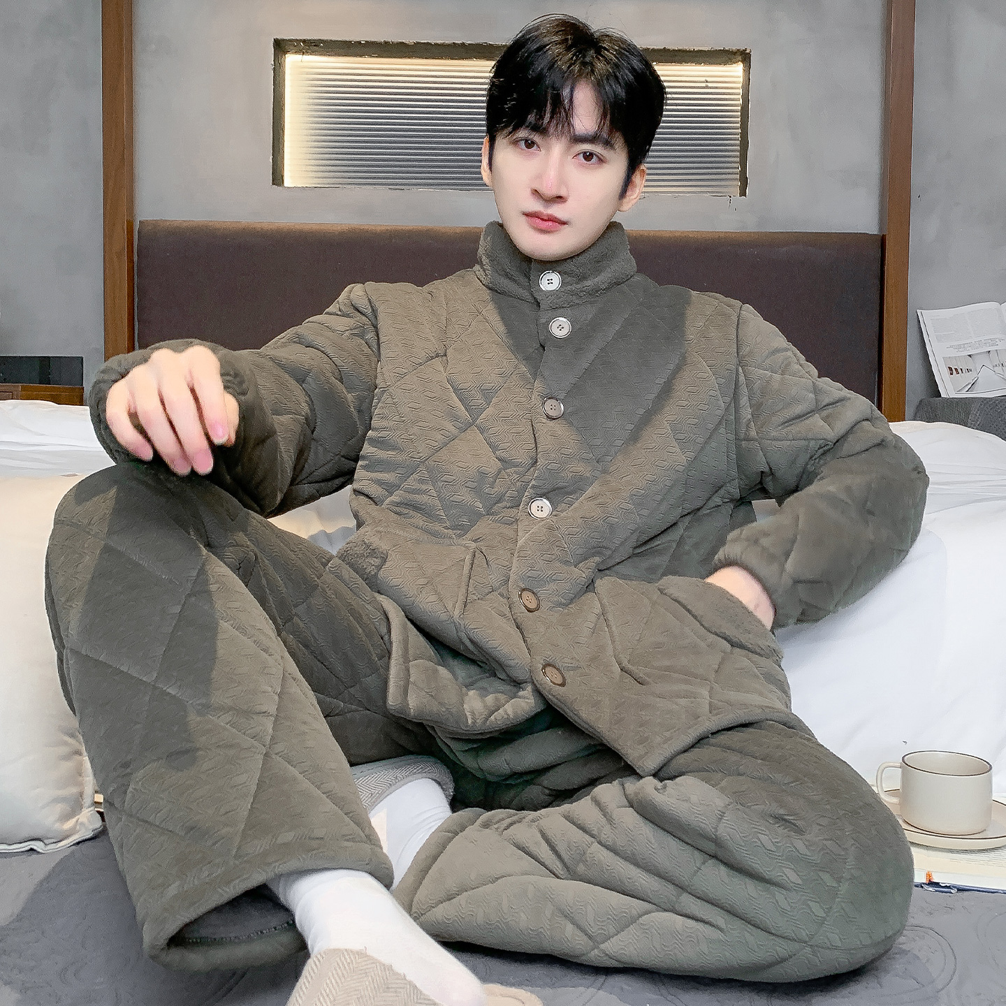 猫人珊瑚绒睡衣男款冬季三层加厚夹棉袄加绒保暖海岛绒家居服冬天