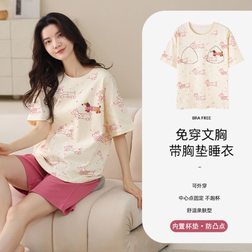 猫人纯棉睡衣女带胸垫夏季薄款短袖短裤卡通全棉家居服可外穿夏天