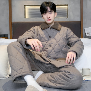 猫人睡衣男士冬季纯棉三层加厚夹棉袄保暖家居服大码套装可外穿