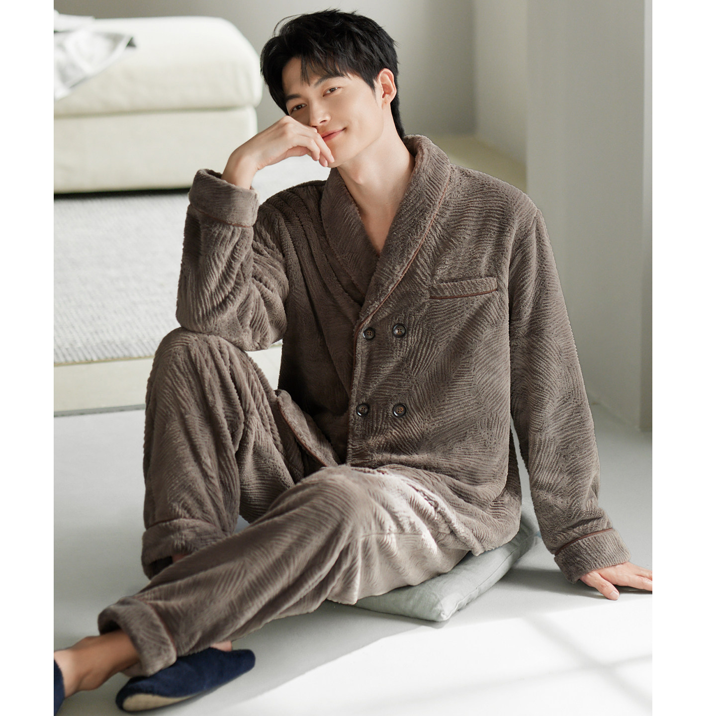 猫人男士睡衣秋冬季珊瑚绒加厚加绒保暖法兰绒加大码家居服可外穿