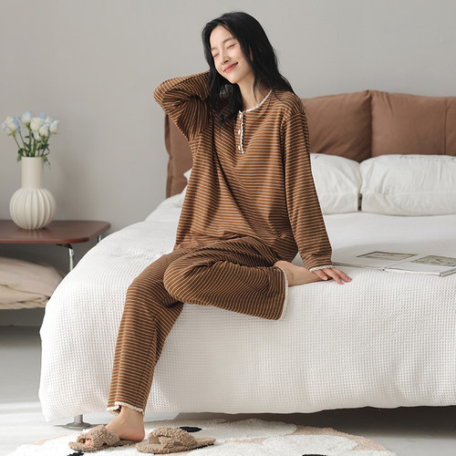 猫人纯棉睡衣女带胸垫春秋季薄款长袖长裤休闲条纹家居服可外穿秋