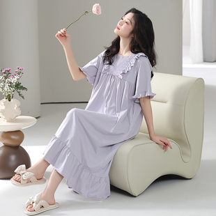 猫人带胸垫睡裙女纯棉夏季短袖睡衣宽松大码甜美孕妇家居服可外穿