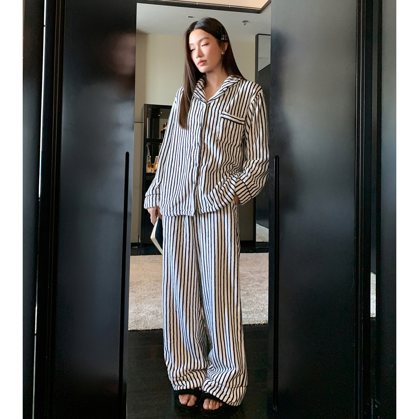 猫人法兰绒睡衣女加绒加厚秋冬款宽松条纹长袖家居服高级感可外穿