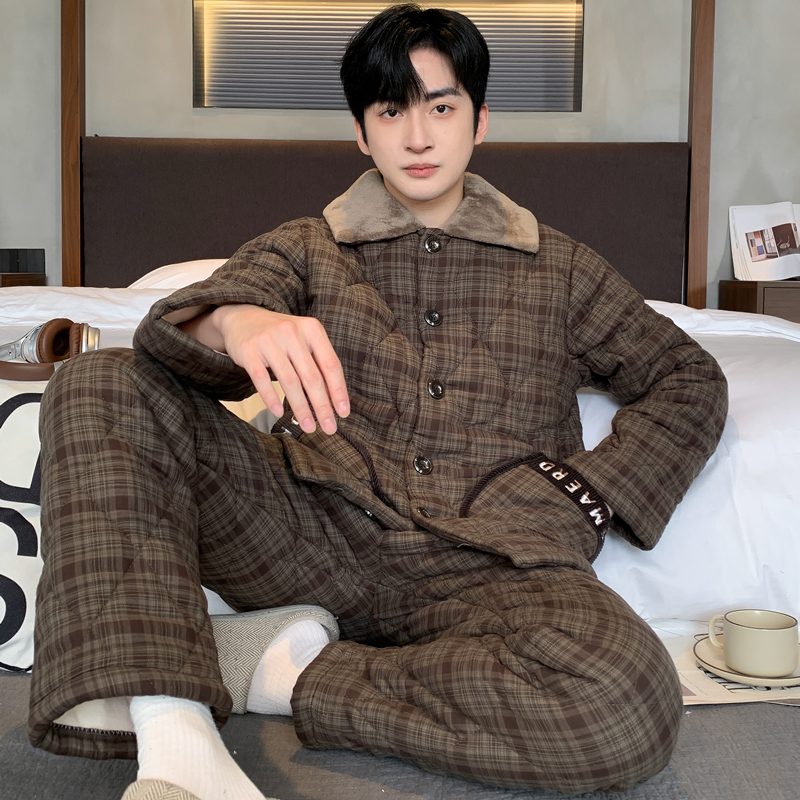 猫人夹棉睡衣男士冬季三层加厚