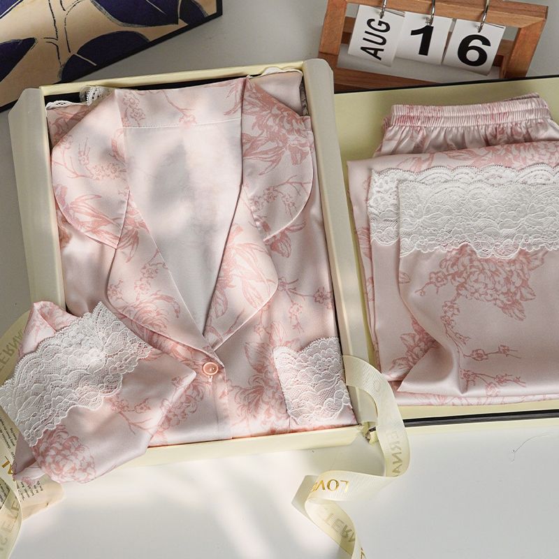 猫人冰丝睡衣女春秋款薄款国风高级感真丝绸蕾丝夏季送闺蜜礼盒装