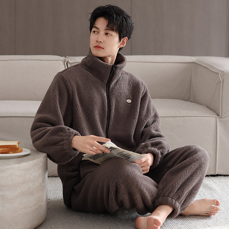 猫人高级感珊瑚绒睡衣男款冬季加厚保暖法兰绒长袖家居服可外穿冬