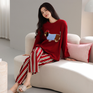猫人红色睡衣女春秋款纯棉长袖带胸垫家居服本命年卡通条纹家居服