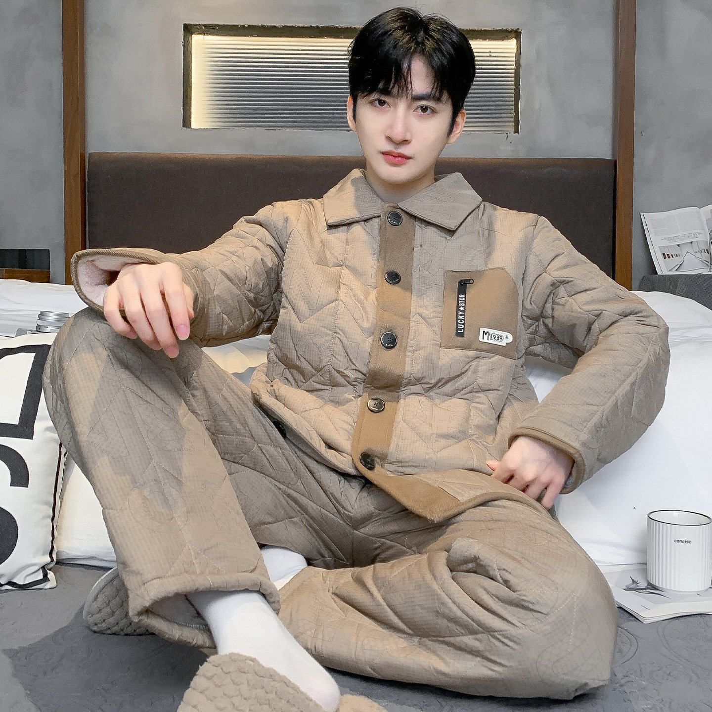 猫人睡衣男士冬季新款羽绒三层加厚夹棉袄保暖家居服冬天大码套装