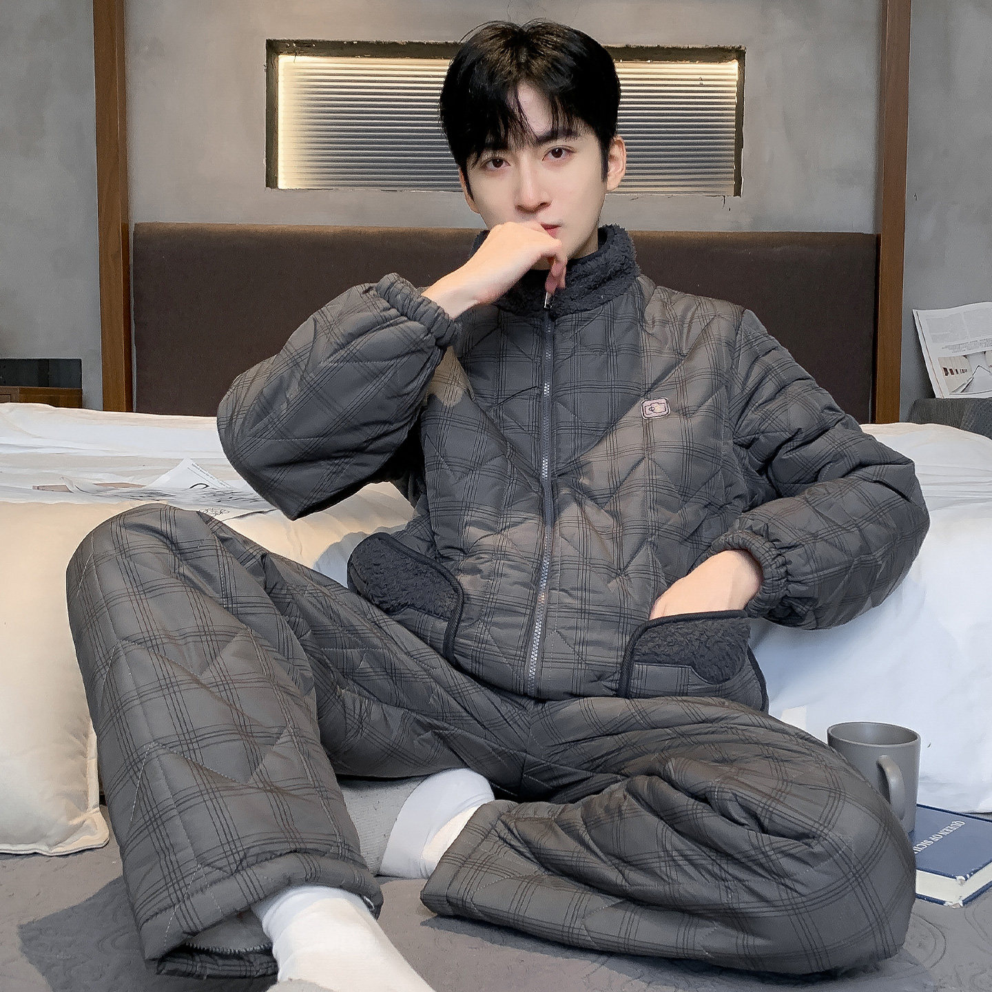 猫人加绒睡衣男士2025冬季羽绒三层加厚夹棉拉链家居服套装可外穿
